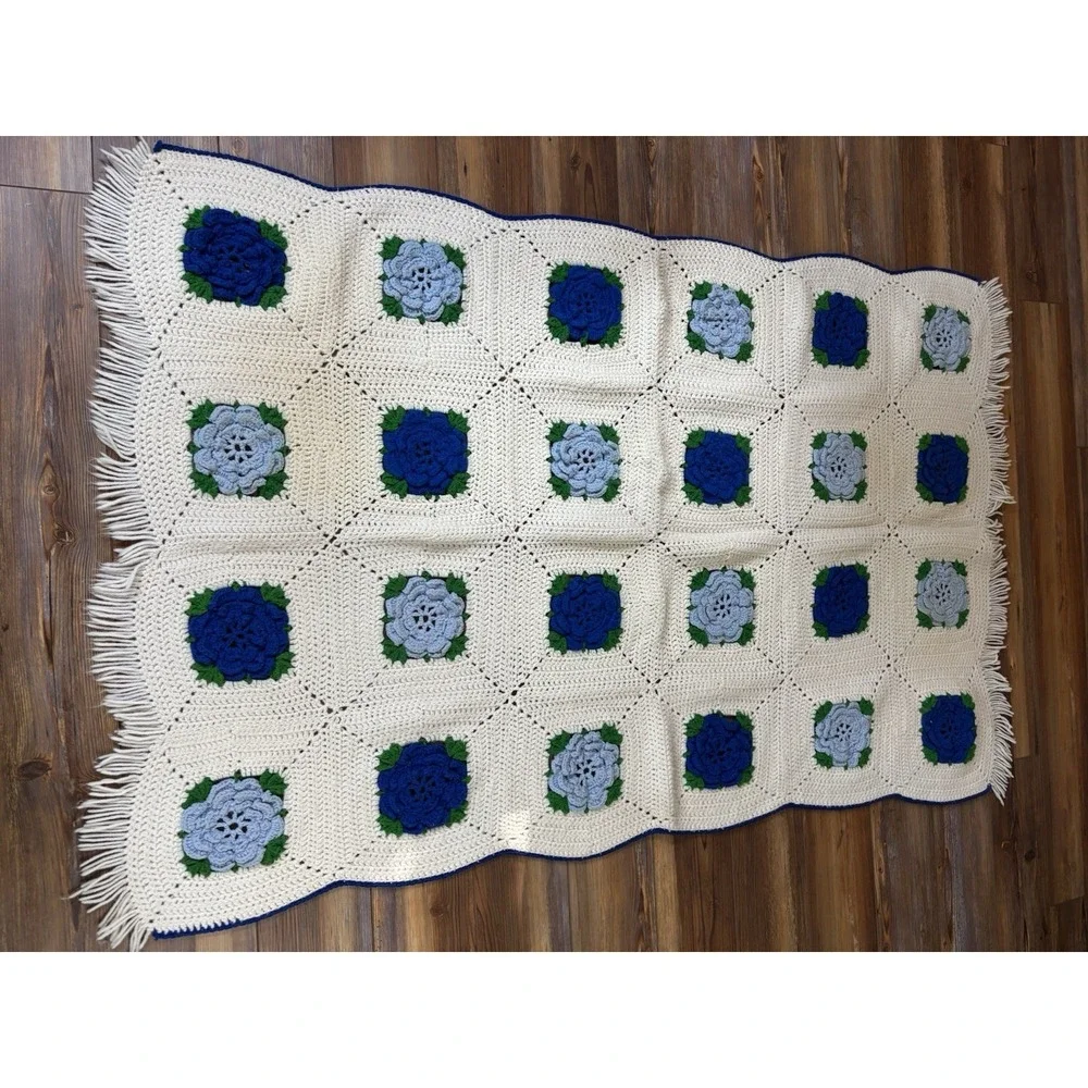 Granny square Handmade 3D Crochet Flower Afghan Blanket Blue White 39